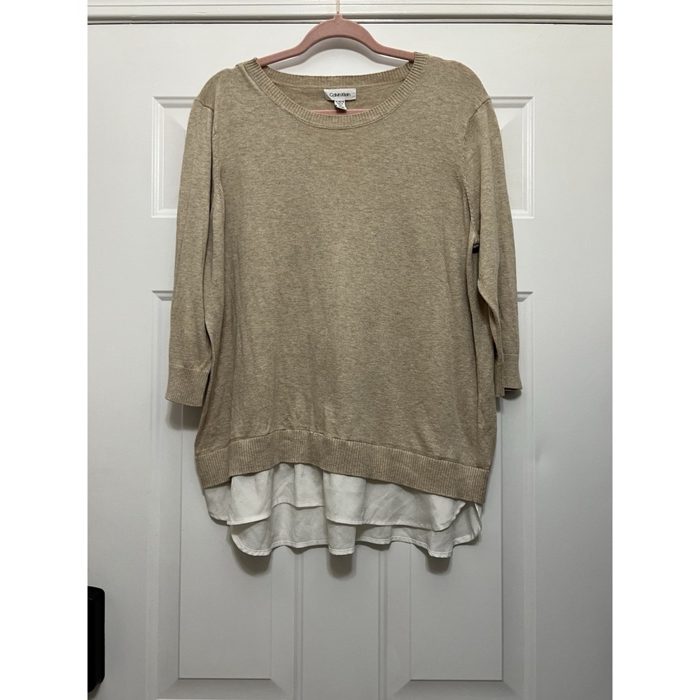 Women's Calvin Klein Tan White‎ Sweater Shirt Tail XL Resort Beach Coastal Boho